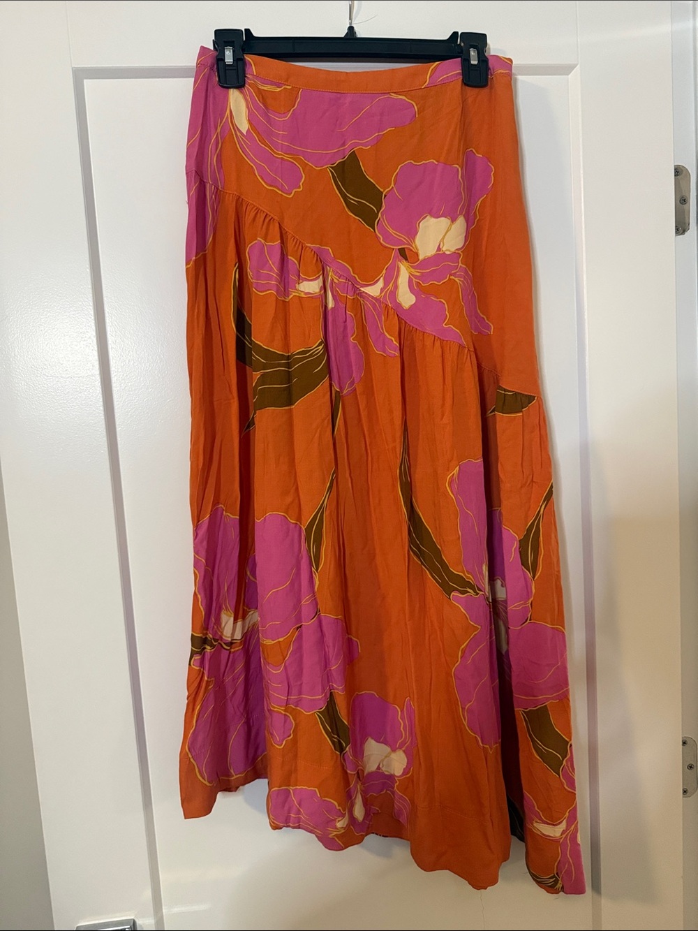 Olivaceous Orange Maxi Skirt with Pink Floral Accents